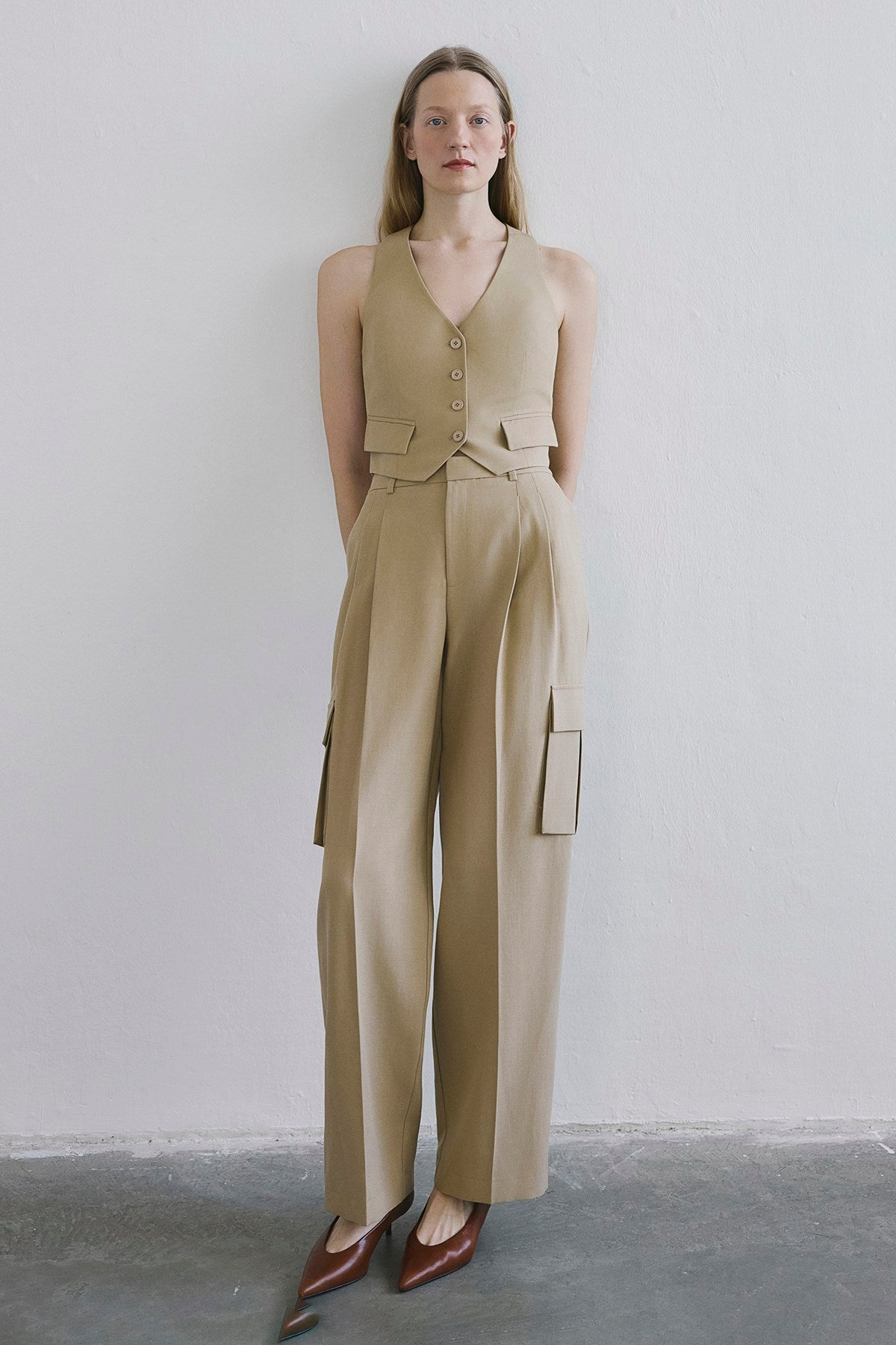 Keten Karışımlı Crop Camel Yelek