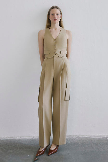 Keten Karışımlı Crop Camel Yelek