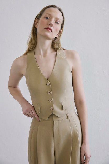 Keten Karışımlı Crop Camel Yelek