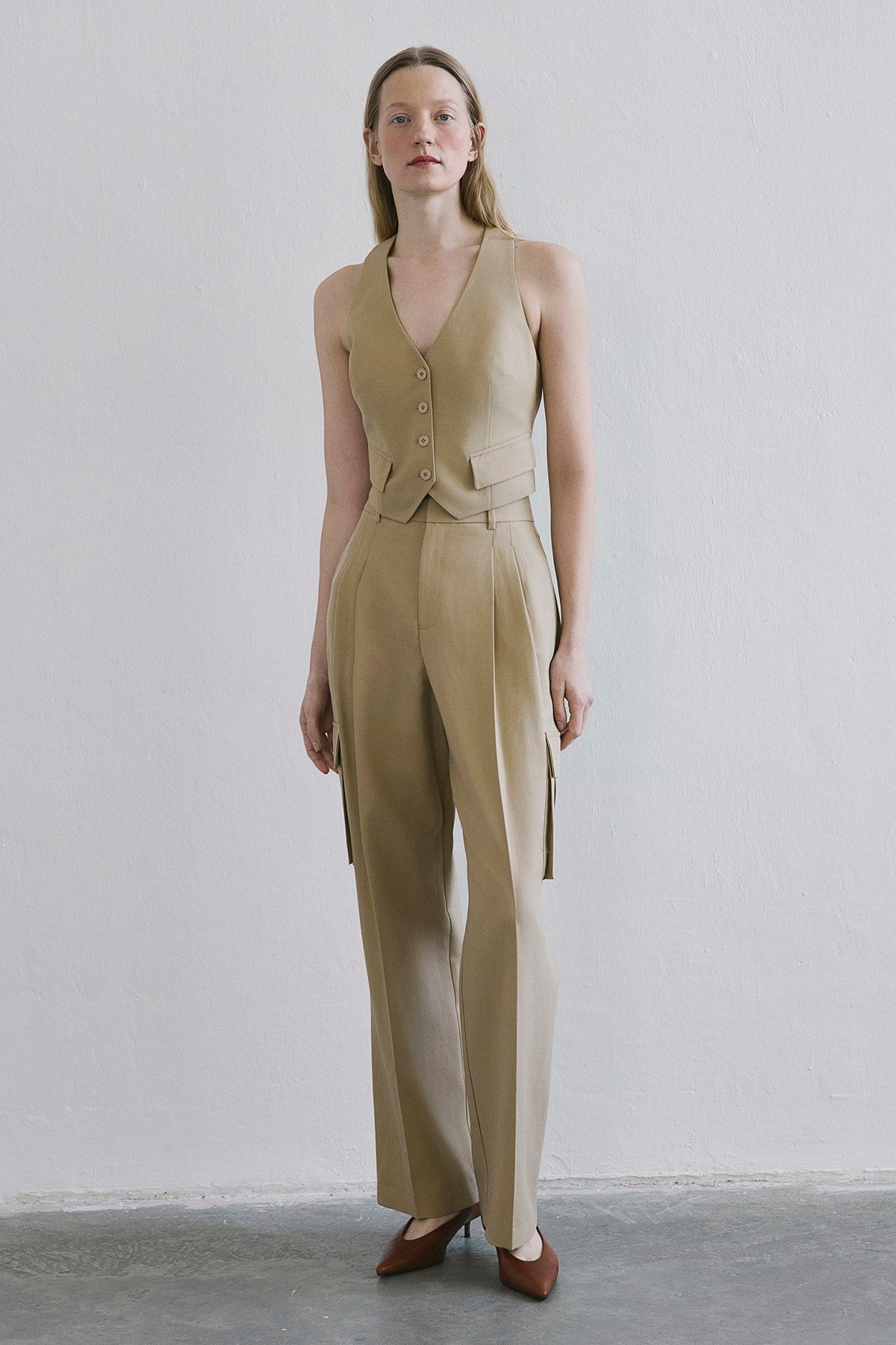 Keten Karışımlı Crop Camel Yelek