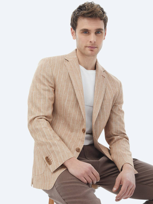 Kiremit Çizgili Modern Fit Pamuk Karışımlı Ceket
