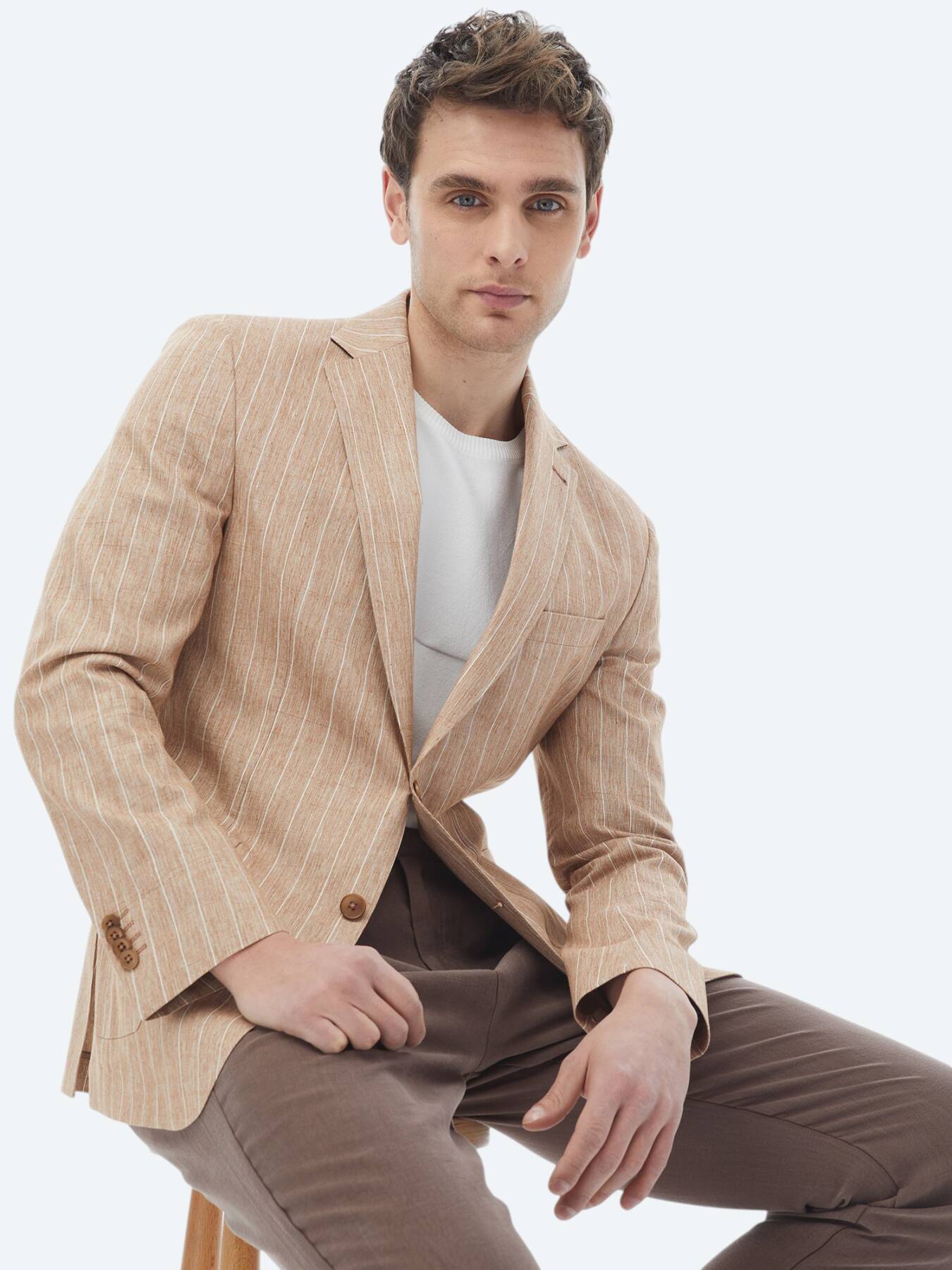 Kiremit Çizgili Modern Fit Pamuk Karışımlı Ceket