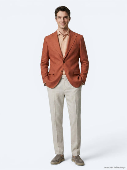 Kiremit Düz Modern Fit %100 Keten Ceket