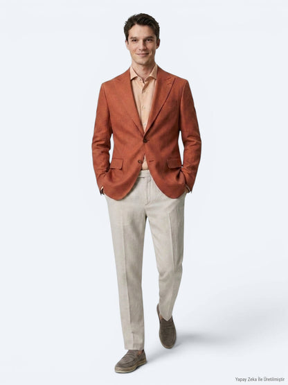 Kiremit Düz Modern Fit %100 Keten Ceket