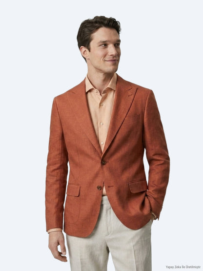 Kiremit Düz Modern Fit %100 Keten Ceket