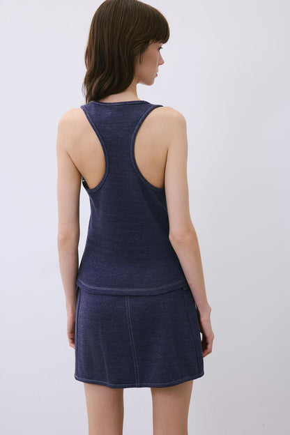 Kontrast Dikişli Basic Indigo Triko Bluz