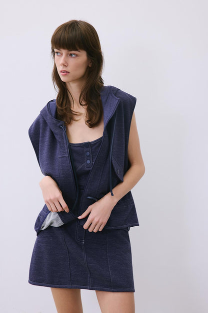 Kontrast Dikişli Mini Indigo Triko Etek