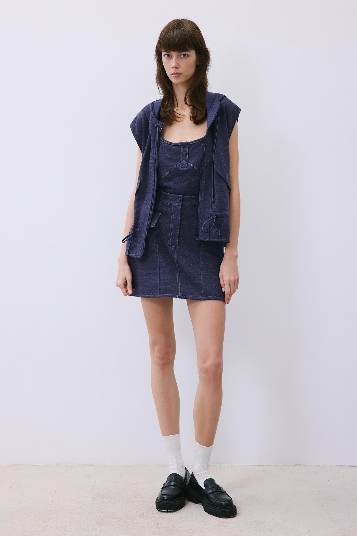 Kontrast Dikişli Mini Indigo Triko Etek