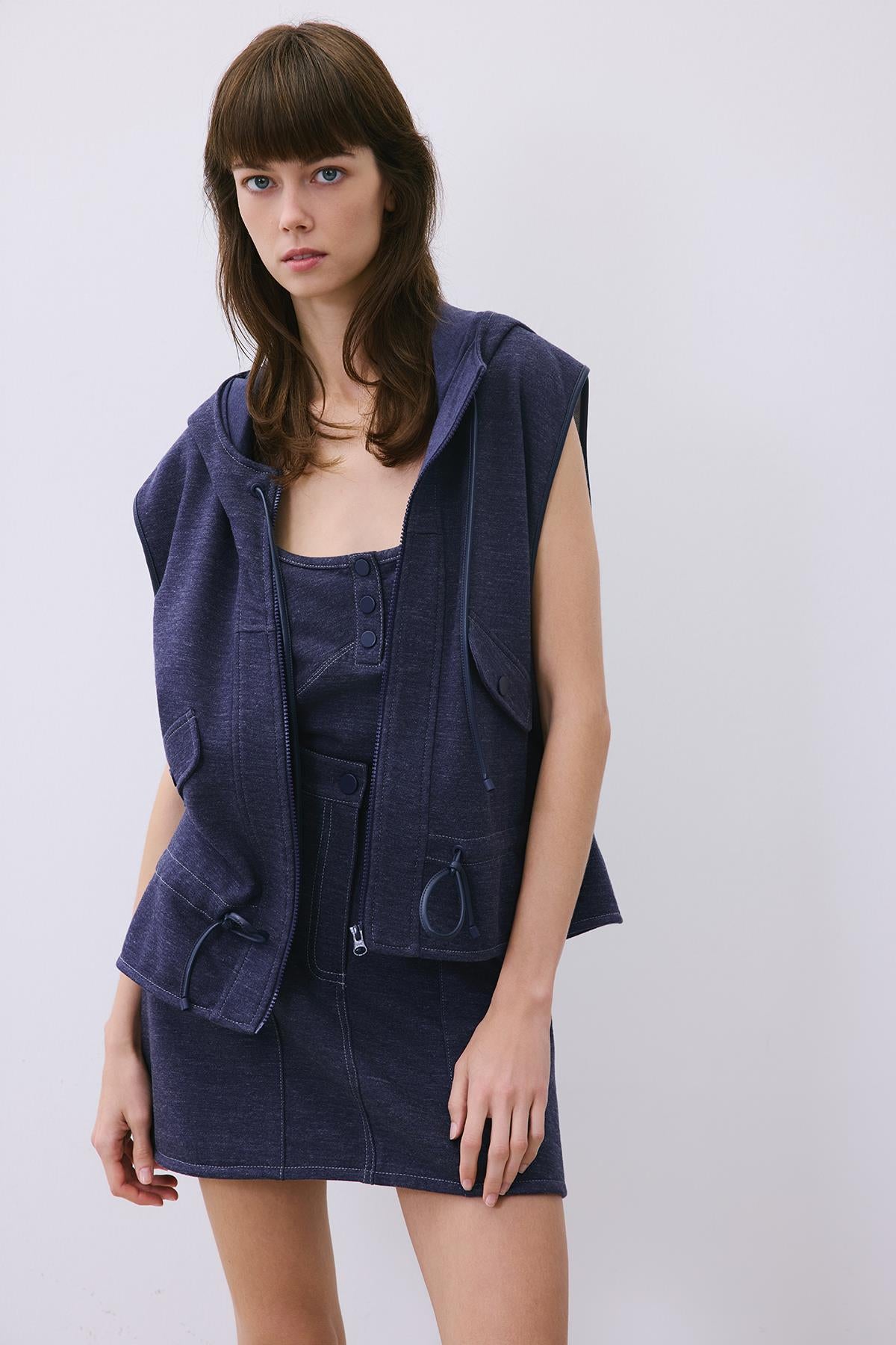 Kontrast Dikişli Mini Indigo Triko Etek