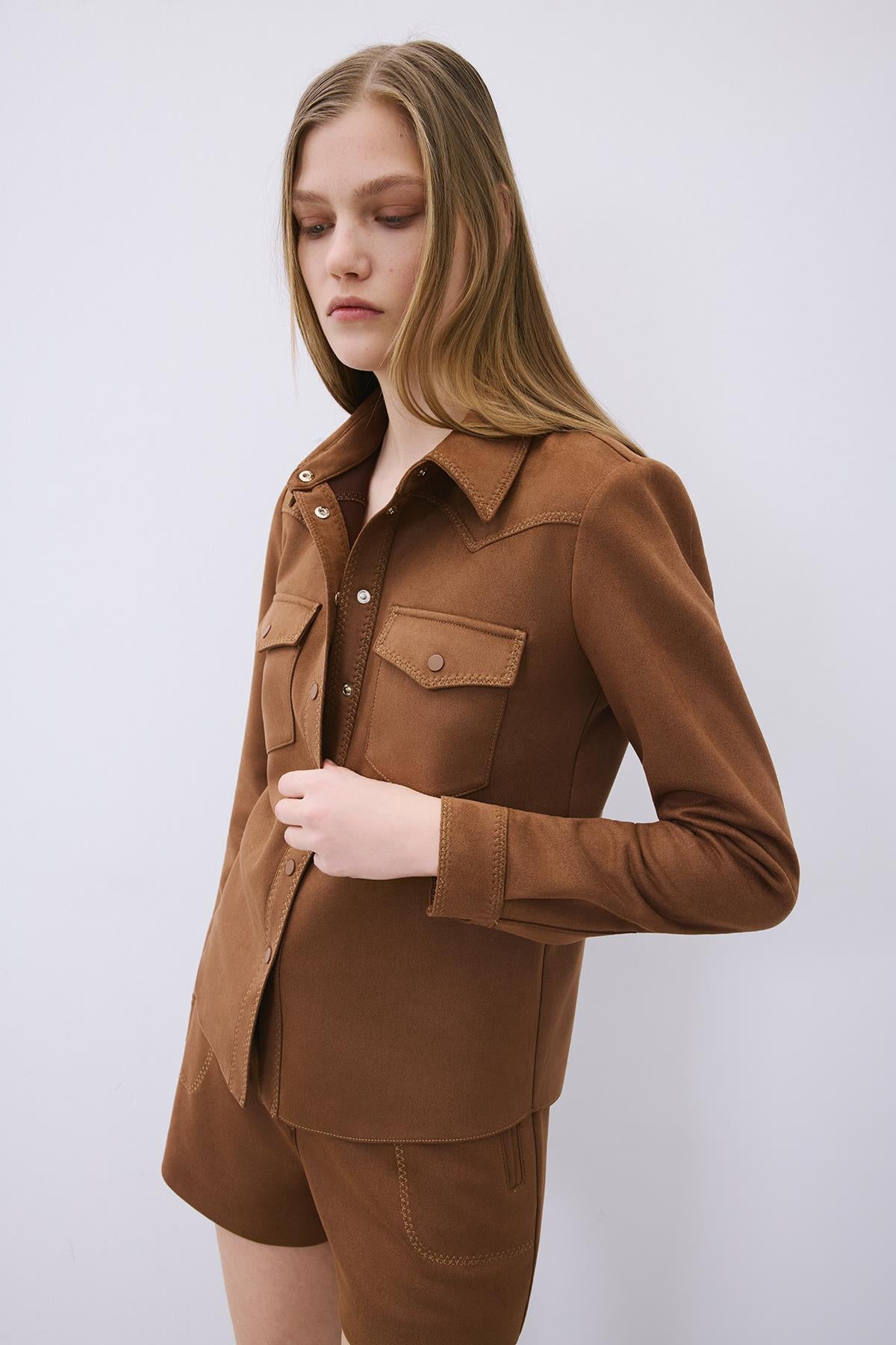 Kontrast Dikişli Süet Kahve Gömlek