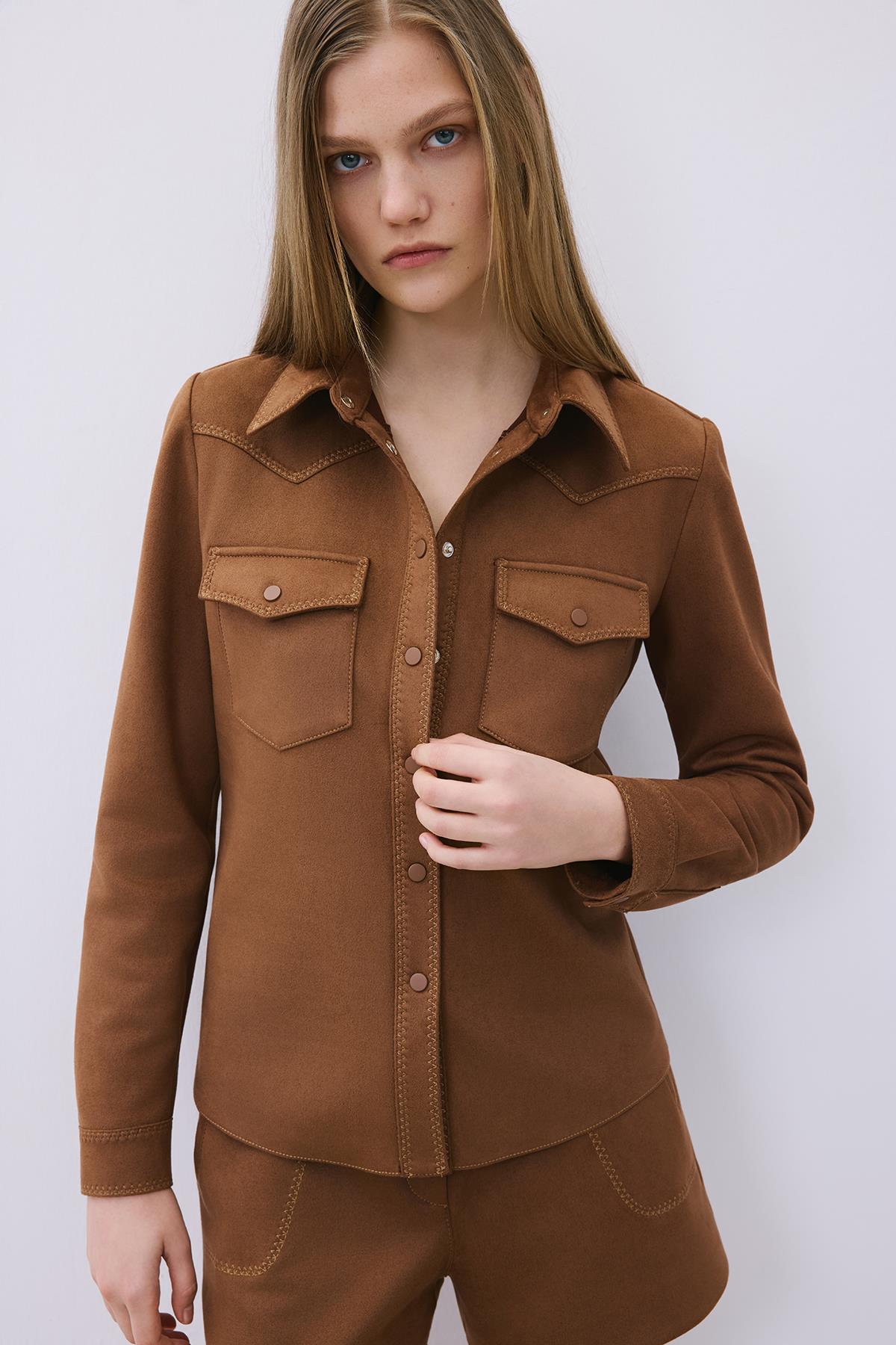 Kontrast Dikişli Süet Kahve Gömlek
