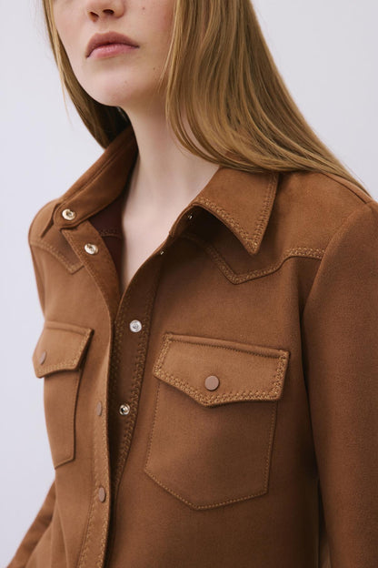 Kontrast Dikişli Süet Kahve Gömlek