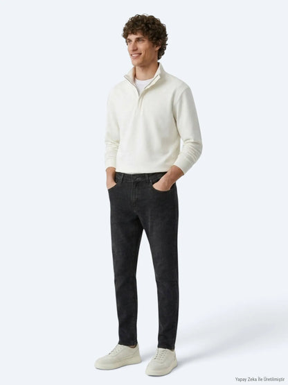 Koyu Gri Düz Slim Fit Denim Pamuk Karışımlı Pantolon