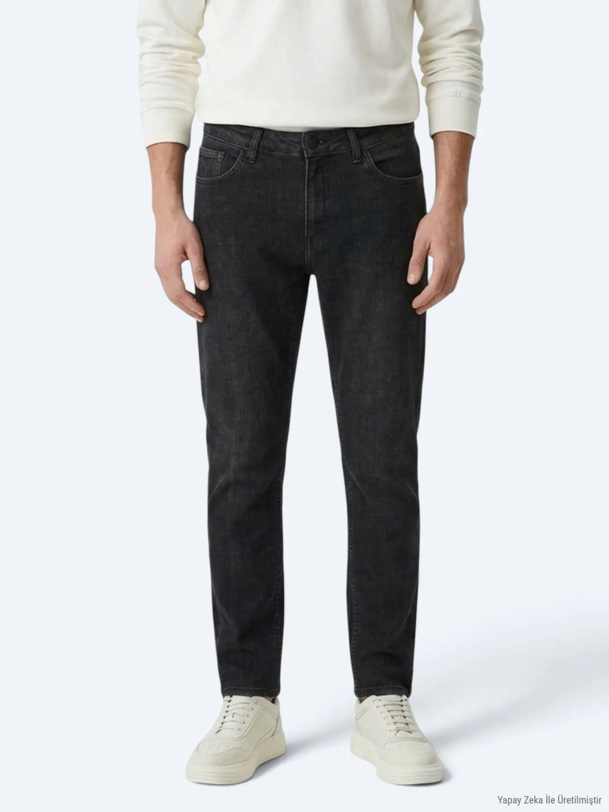 Koyu Gri Düz Slim Fit Denim Pamuk Karışımlı Pantolon