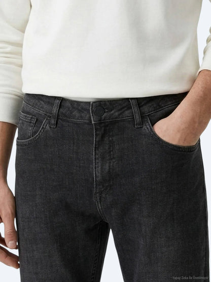 Koyu Gri Düz Slim Fit Denim Pamuk Karışımlı Pantolon