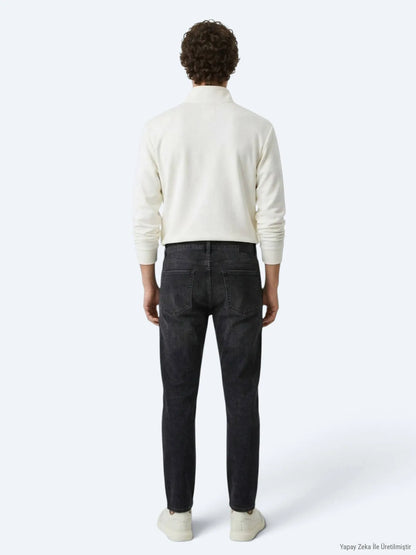 Koyu Gri Düz Slim Fit Denim Pamuk Karışımlı Pantolon