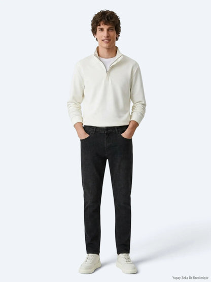 Koyu Gri Düz Slim Fit Denim Pamuk Karışımlı Pantolon