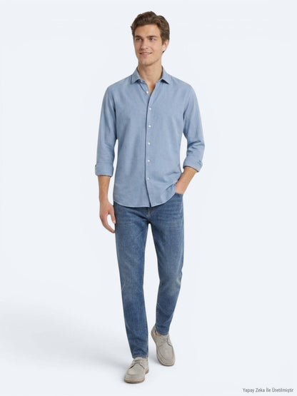 Koyu Indigo Düz Regular Fit Uzun Dokuma Casual Pamuk Karışımlı Gömlek