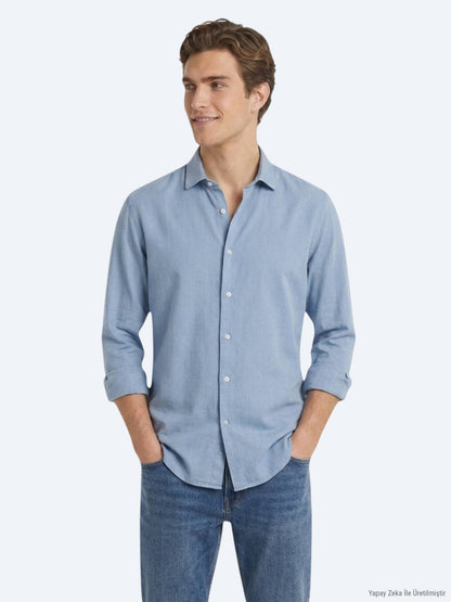 Koyu Indigo Düz Regular Fit Uzun Dokuma Casual Pamuk Karışımlı Gömlek