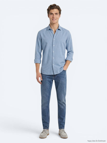 Koyu Indigo Düz Regular Fit Uzun Dokuma Casual Pamuk Karışımlı Gömlek