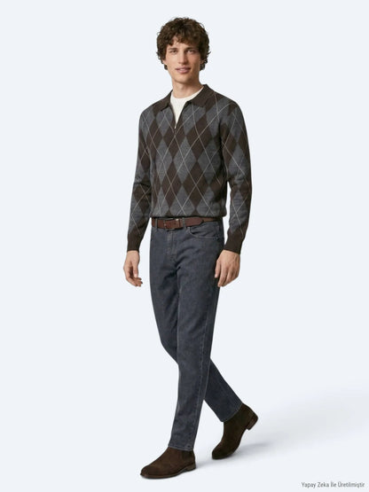 Koyu Mavi Düz Slim Fit Denim Pamuk Karışımlı Pantolon