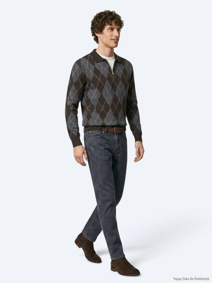 Koyu Mavi Düz Slim Fit Denim Pamuk Karışımlı Pantolon