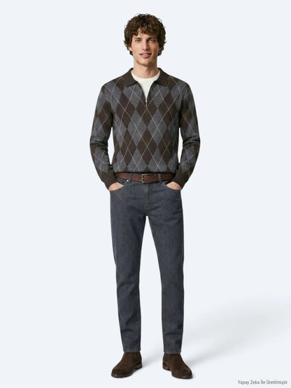 Koyu Mavi Düz Slim Fit Denim Pamuk Karışımlı Pantolon