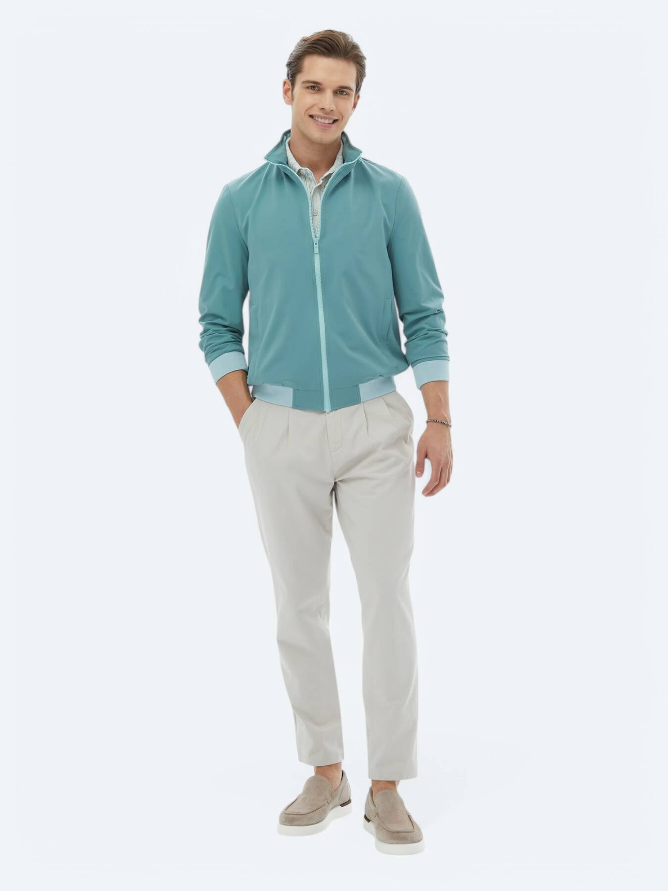 Koyu Mint Regular Fit Dik Yaka Casual Dokuma Mont