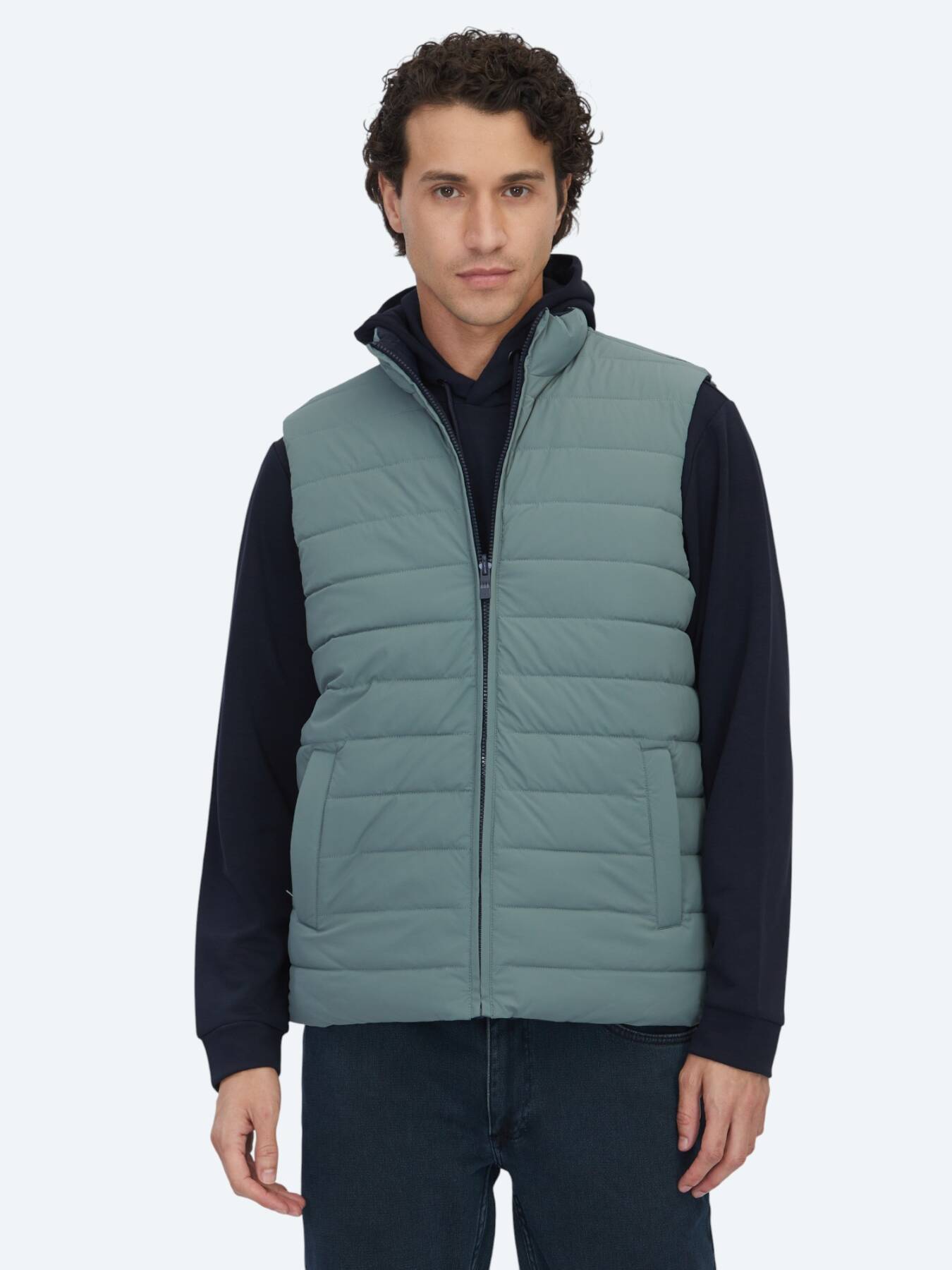 Koyu Mint Regular Fit Dik Yaka Casual Dokuma Spor Yelek