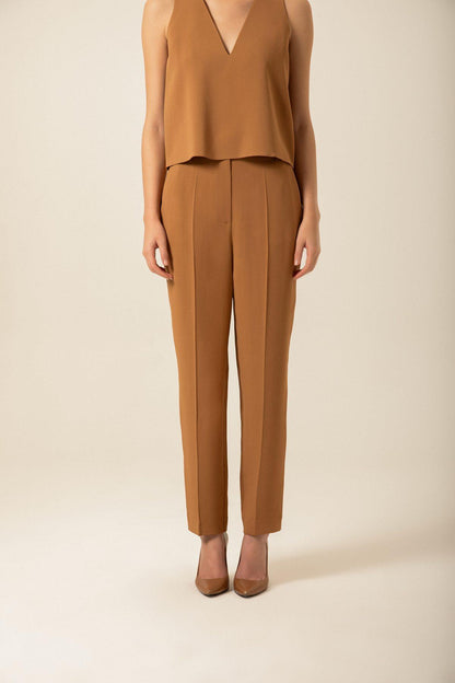 Krep Dokulu Geniş Kesim Camel Pantolon