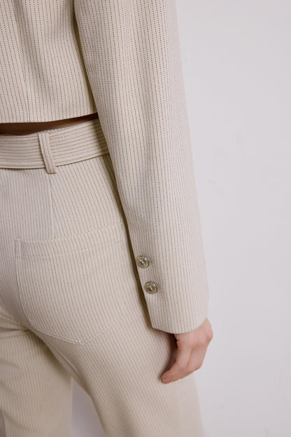 Kruvaze Çizgili Ekru Crop Ceket