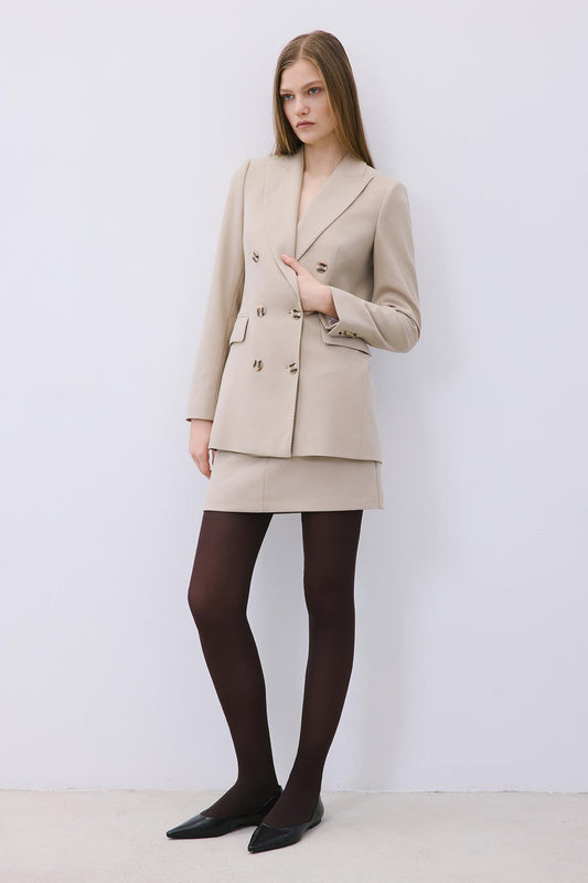 Kruvaze Yün Dokulu Astarlı Bej Ceket