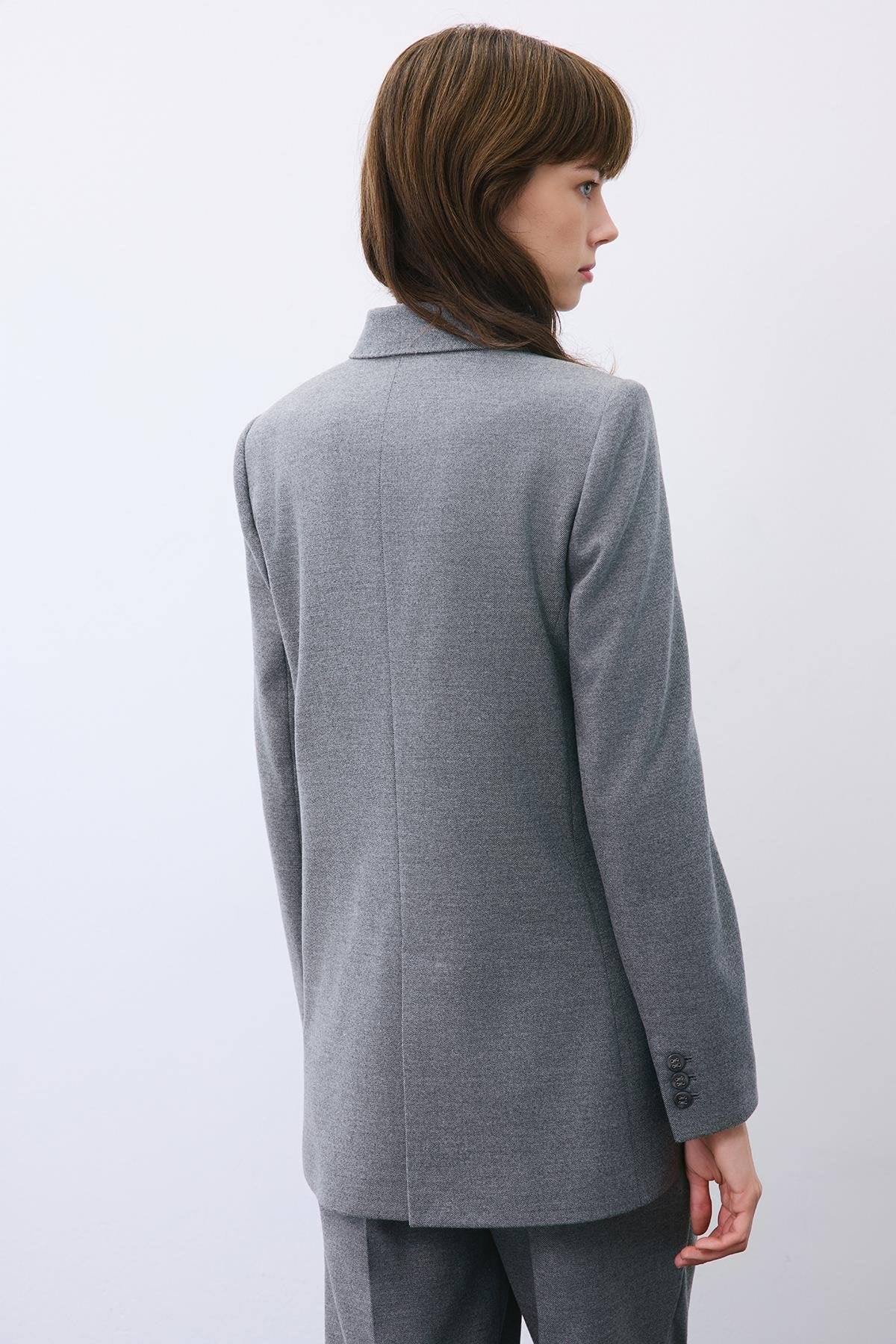 Kruvaze Yün Dokulu Astarlı Gri Ceket