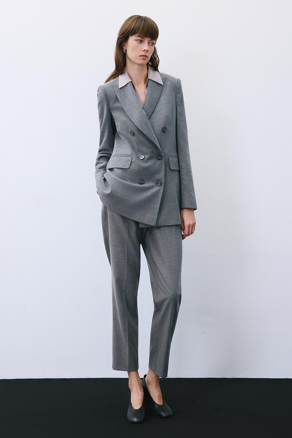 Kruvaze Yün Dokulu Astarlı Gri Ceket