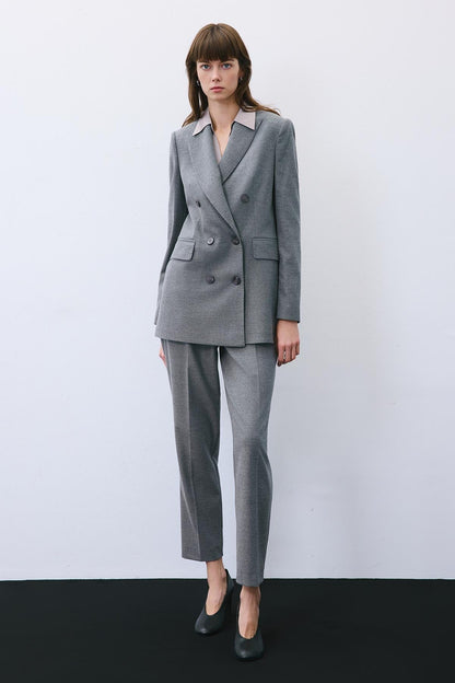 Kruvaze Yün Dokulu Astarlı Gri Ceket