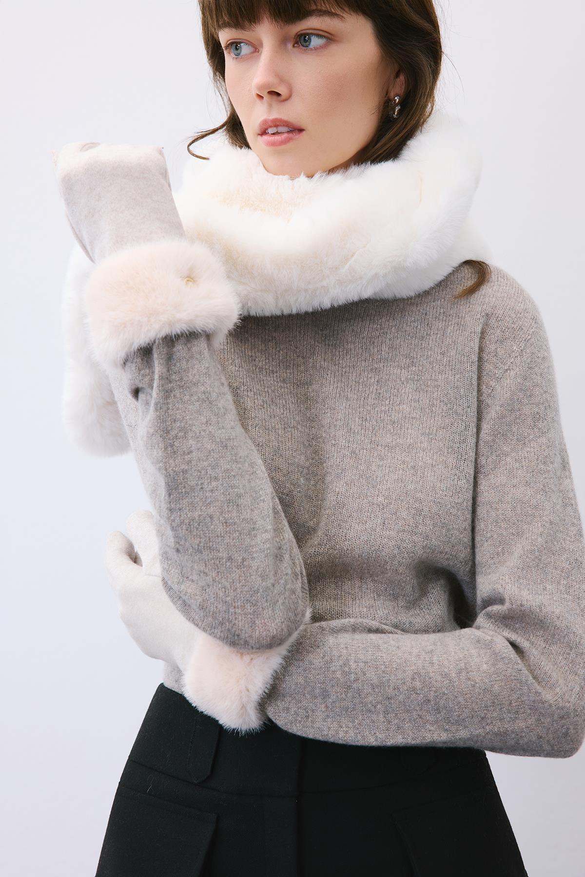 Kürk Detaylı Bej Dokunmatik Eldiven