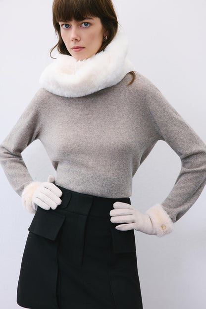 Kürk Detaylı Bej Dokunmatik Eldiven