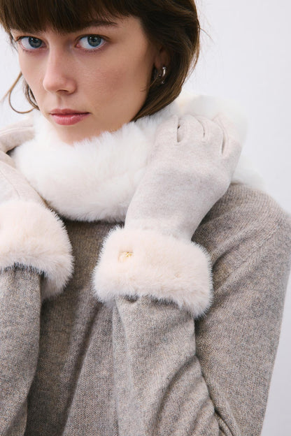 Kürk Detaylı Bej Dokunmatik Eldiven