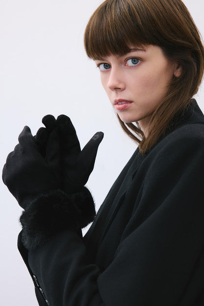 Kürk Detaylı Siyah Dokunmatik Eldiven