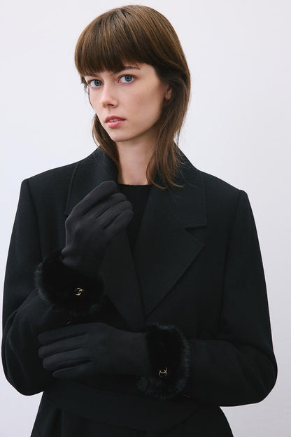 Kürk Detaylı Siyah Dokunmatik Eldiven