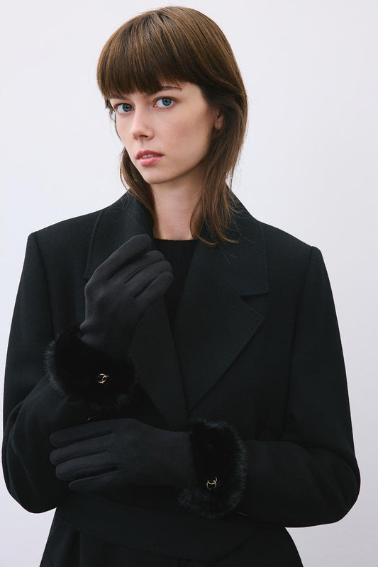 Kürk Detaylı Siyah Dokunmatik Eldiven