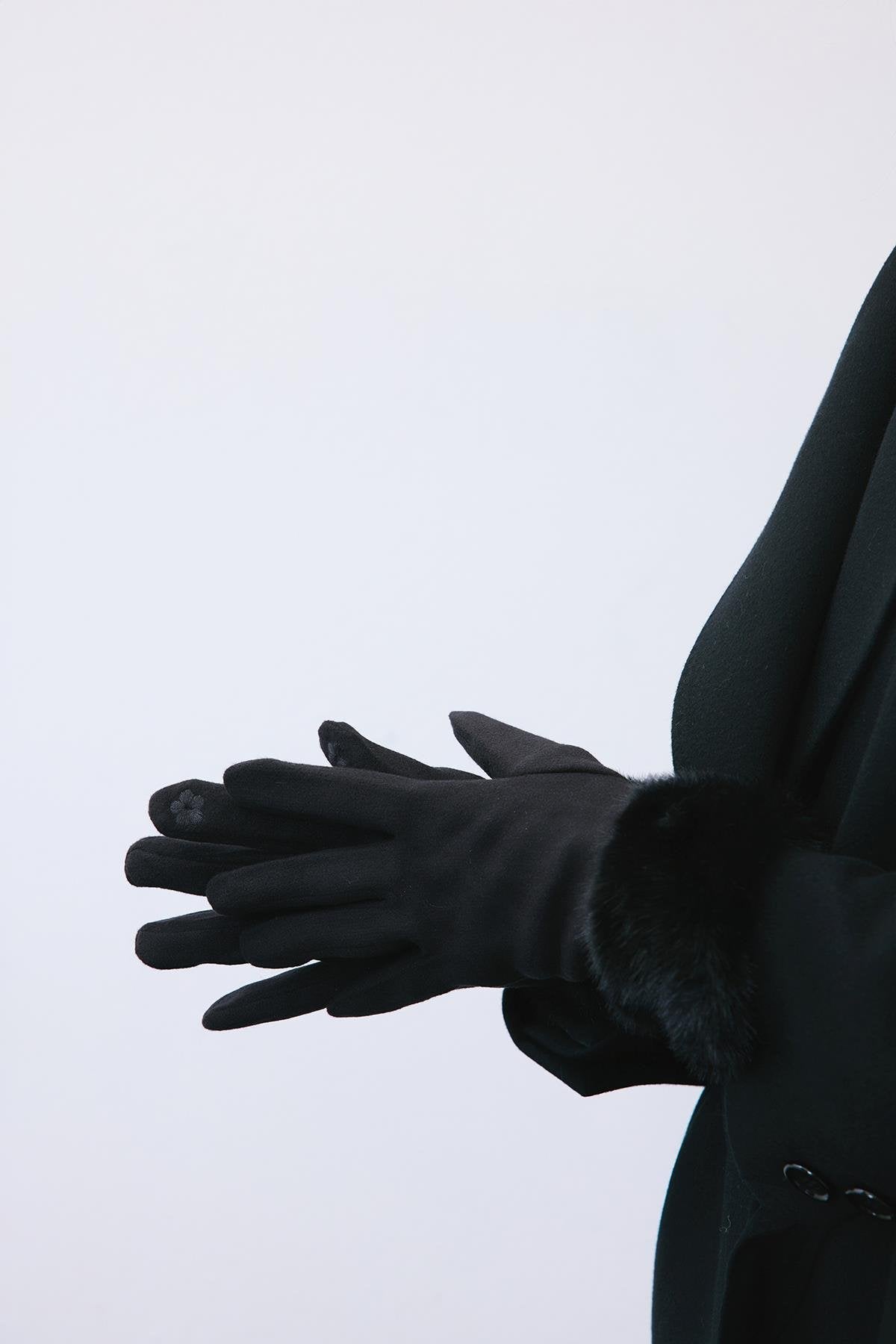 Kürk Detaylı Siyah Dokunmatik Eldiven