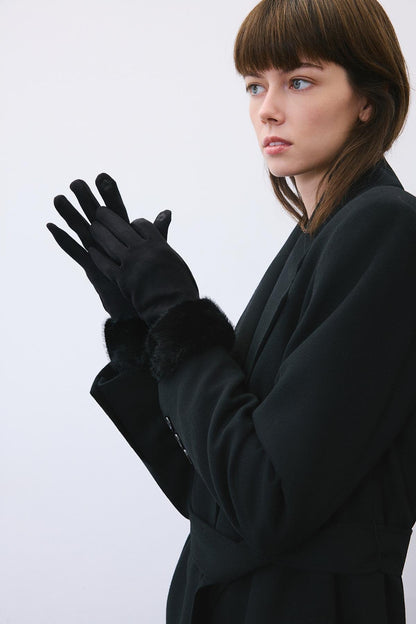 Kürk Detaylı Siyah Dokunmatik Eldiven