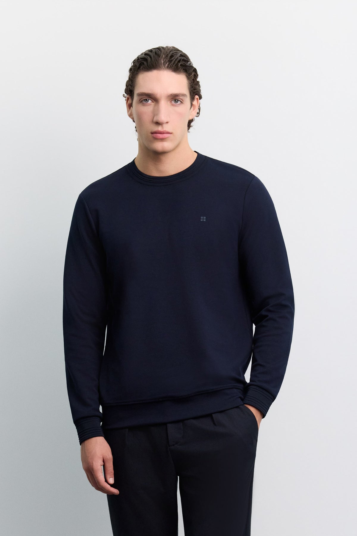 Lacivert Bisiklet Yaka Kolay Ütülenen Sweatshirt