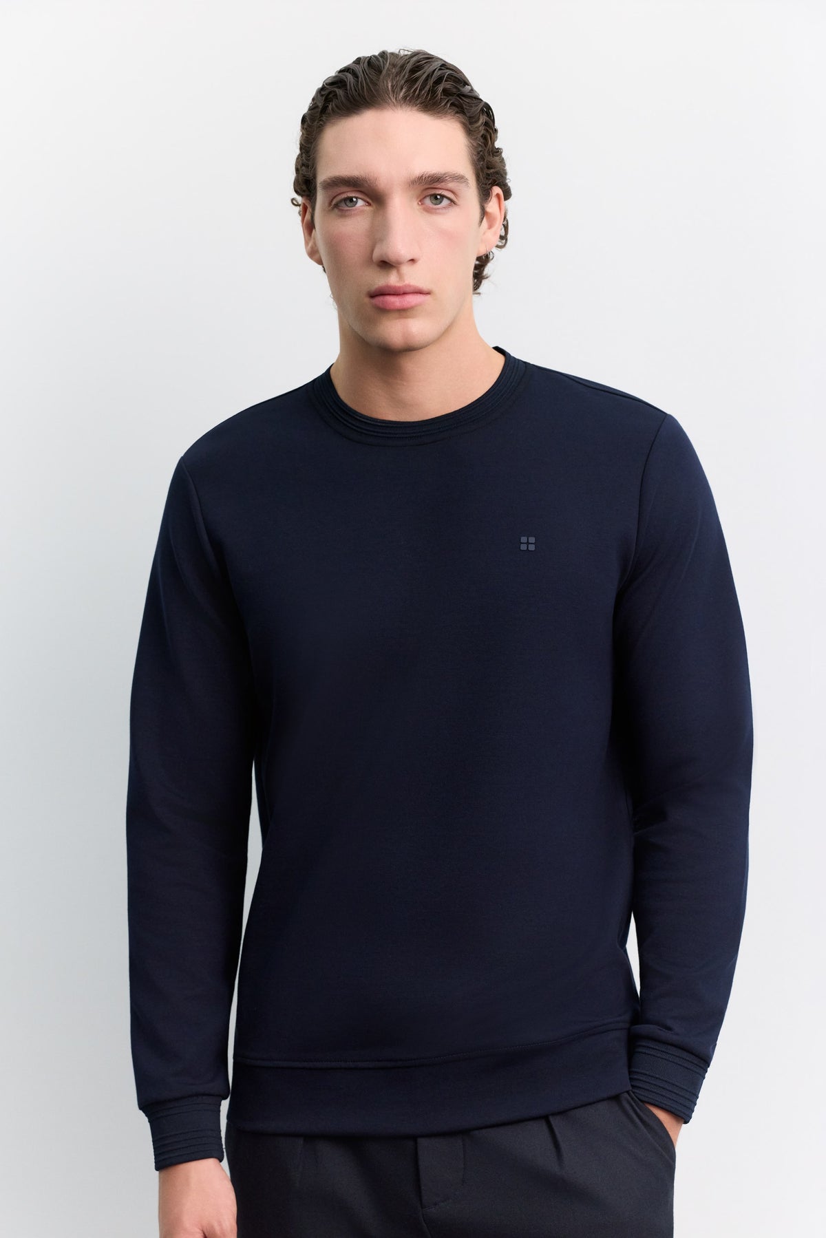 Lacivert Bisiklet Yaka Kolay Ütülenen Sweatshirt
