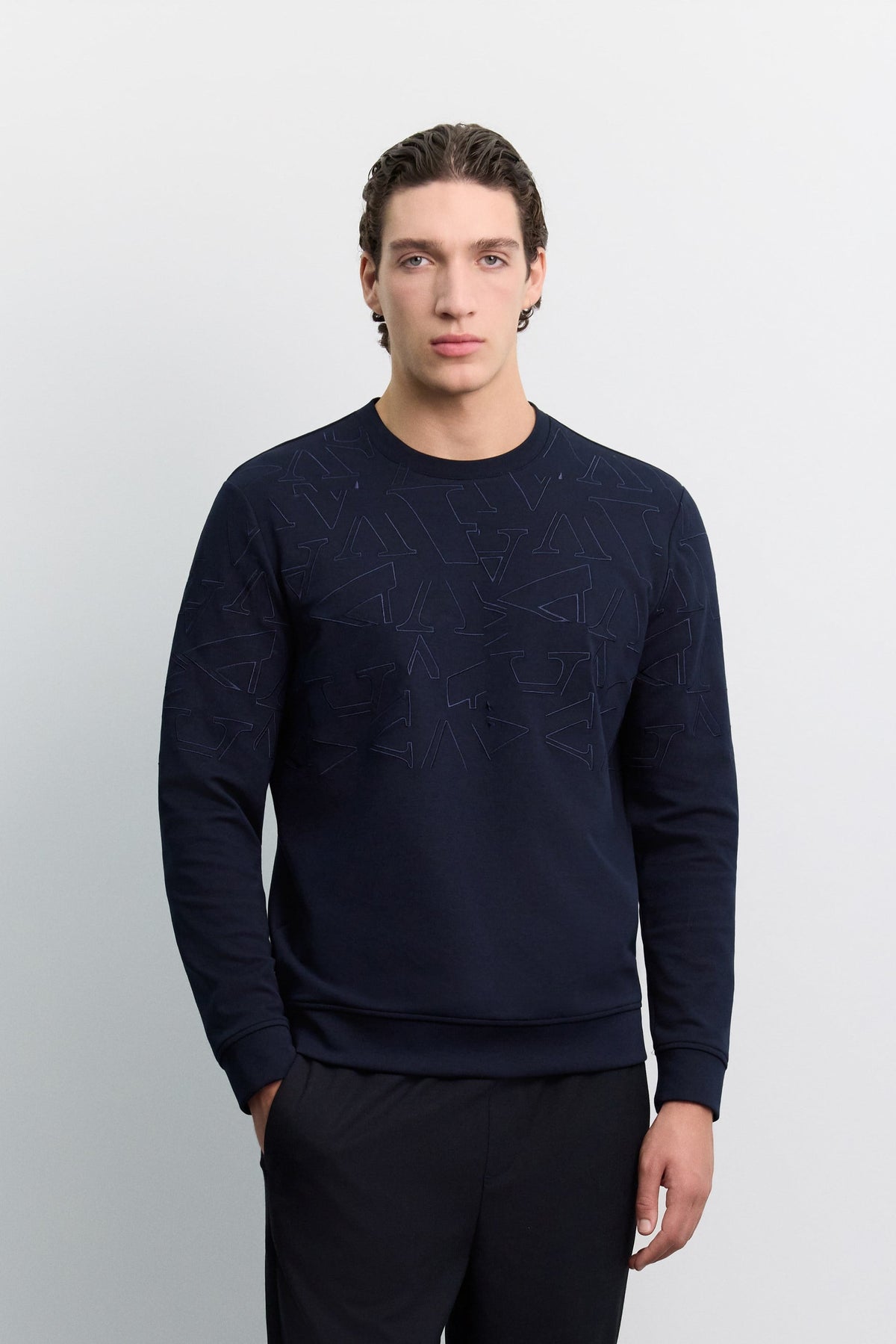 Lacivert Bisiklet Yaka Nakışlı Interlok Sweatshirt