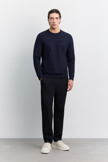 Lacivert Bisiklet Yaka Nakışlı Interlok Sweatshirt