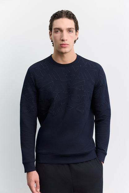 Lacivert Bisiklet Yaka Nakışlı Interlok Sweatshirt