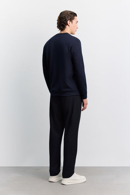 Lacivert Bisiklet Yaka Nakışlı Interlok Sweatshirt