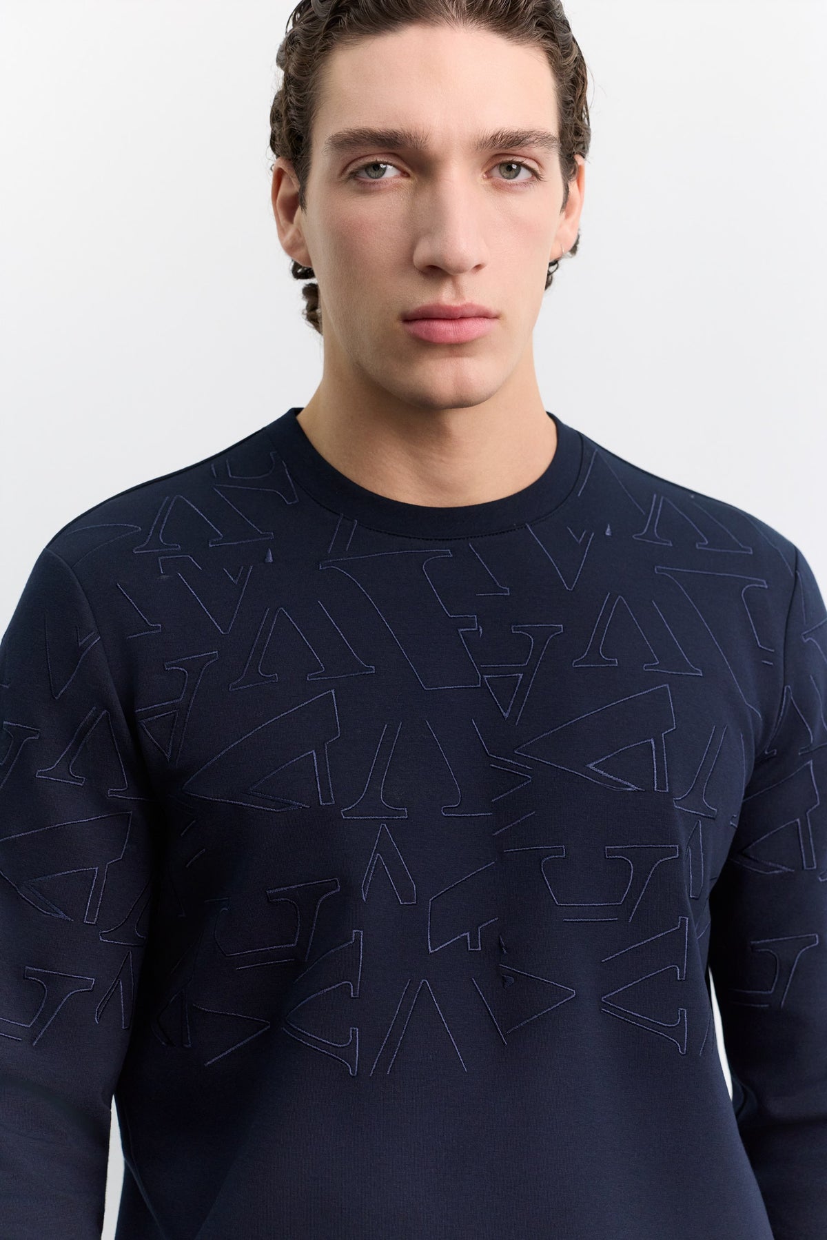 Lacivert Bisiklet Yaka Nakışlı Interlok Sweatshirt